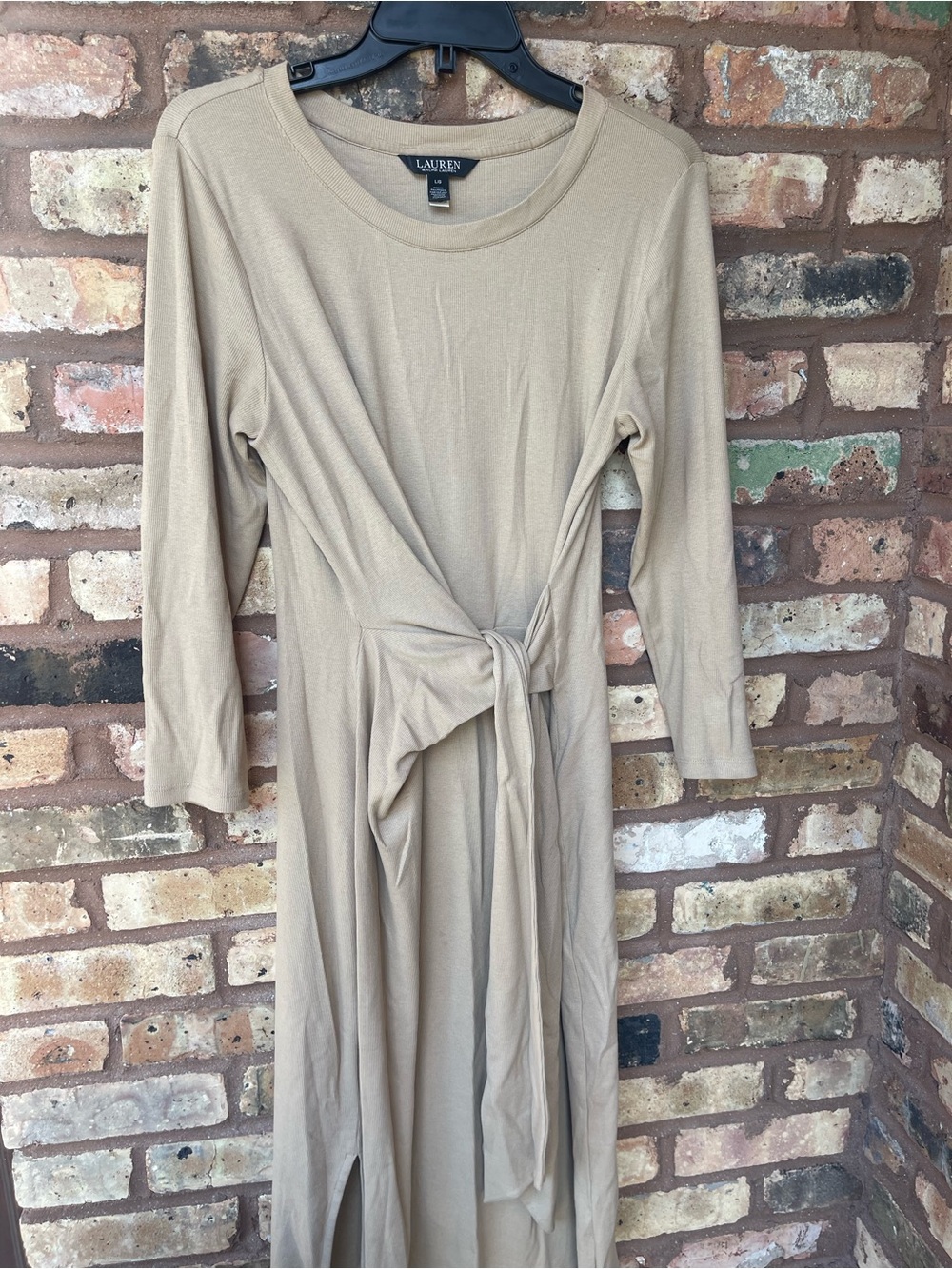 Lauren Ralph Lauren Neutral Tie-Waist Long Sleeve Midi Dress Sz L